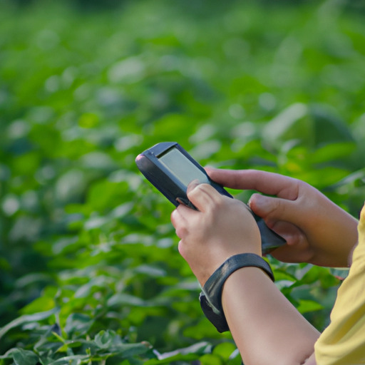 תמונה המראה חקלאי המשתמש במכשיר כף יד עם טכנולוגיית NFC לניטור בריאות היבול.